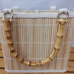 Bamboo 2 Compartment Small Bag W/Bamboo Handles Natural Color Lined 2 Zip Areas